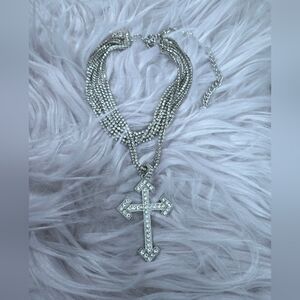 NWT Silver & Rhinestones Multi Chain Cross Choker Necklace